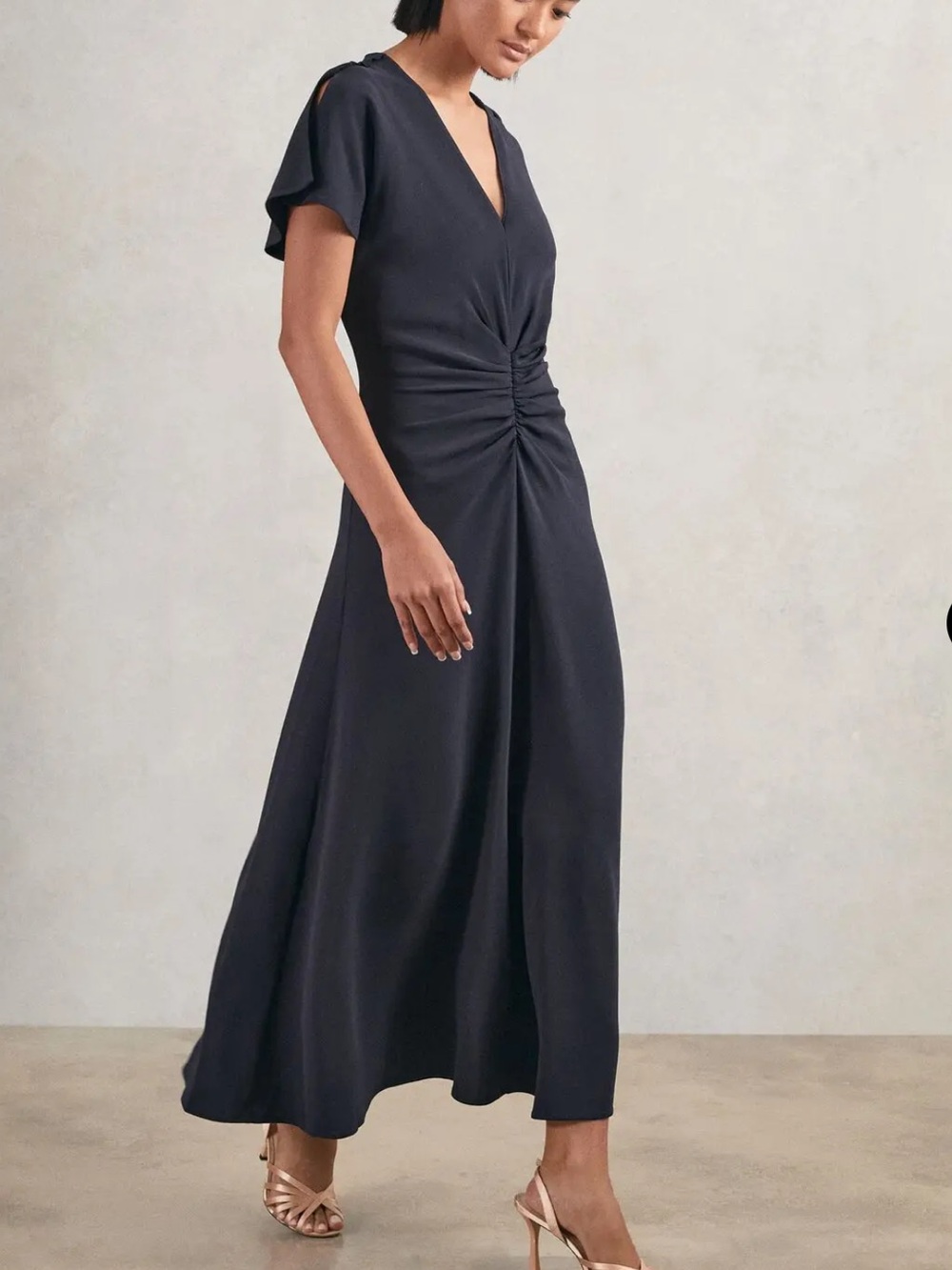 Reiss Rowe Ruched Front Midi Dress Navy NWT